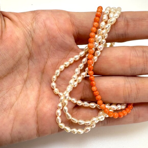 Vintage 14KY Gold Natural Coral & Biwa Pearl Multi Strand Bracelet 8" Length - Picture 6 of 8